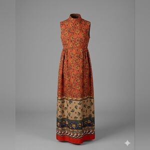 Vintage 1960s/70s Orange Floral Maxi Dress Sleeveless Go Go Flower Power